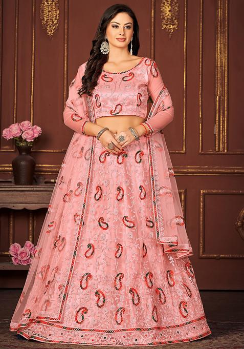 Peach Sequin Thread Embroidered Net Lehenga Set