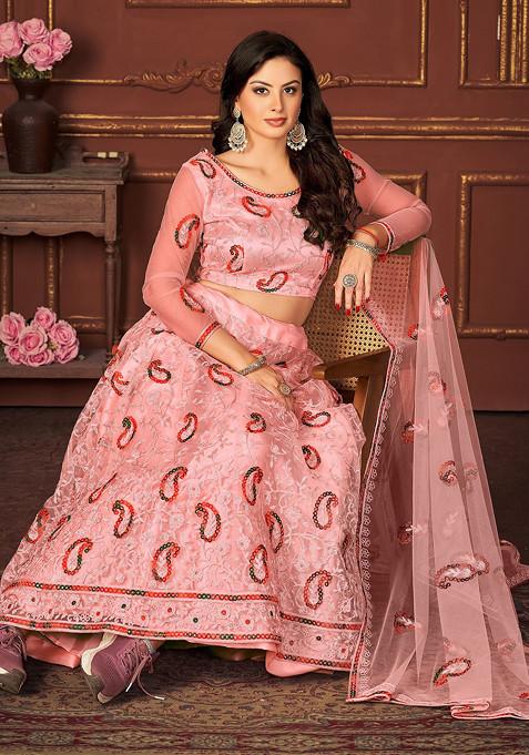 Peach Sequin Thread Embroidered Net Lehenga Set