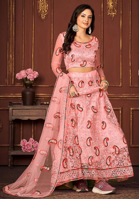 Peach Sequin Thread Embroidered Net Lehenga Set