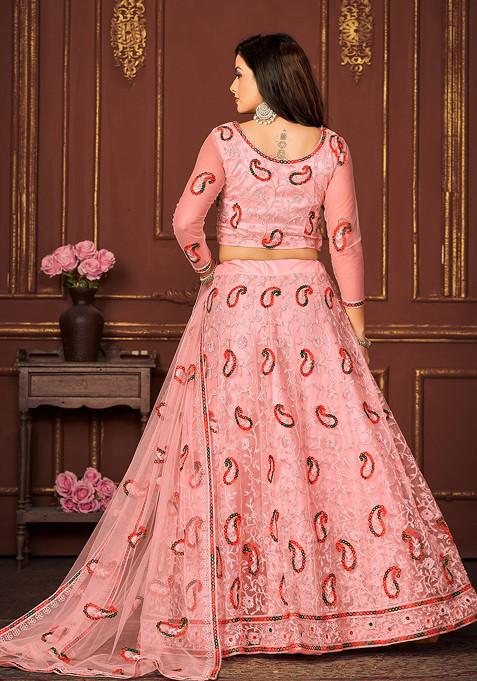 Peach Sequin Thread Embroidered Net Lehenga Set