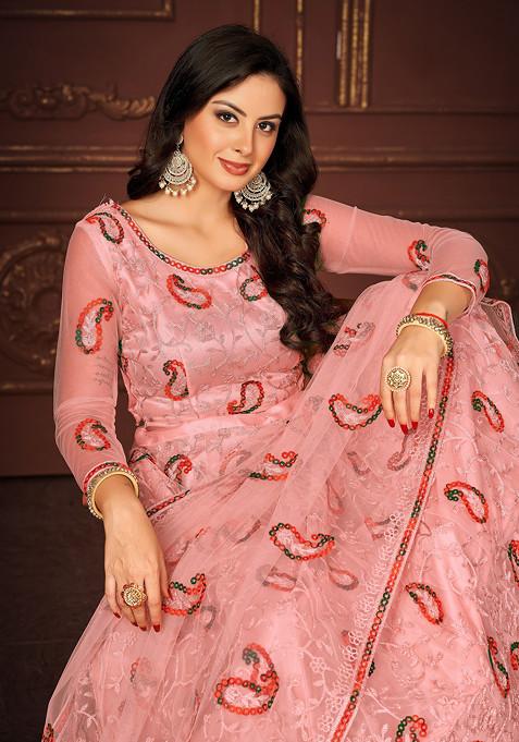 Peach Sequin Thread Embroidered Net Lehenga Set