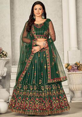 Green Thread Embroidered Net Lehenga Set