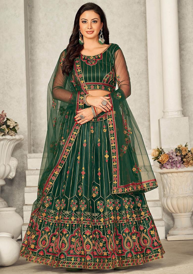 Green Thread Embroidered Net Lehenga Set
