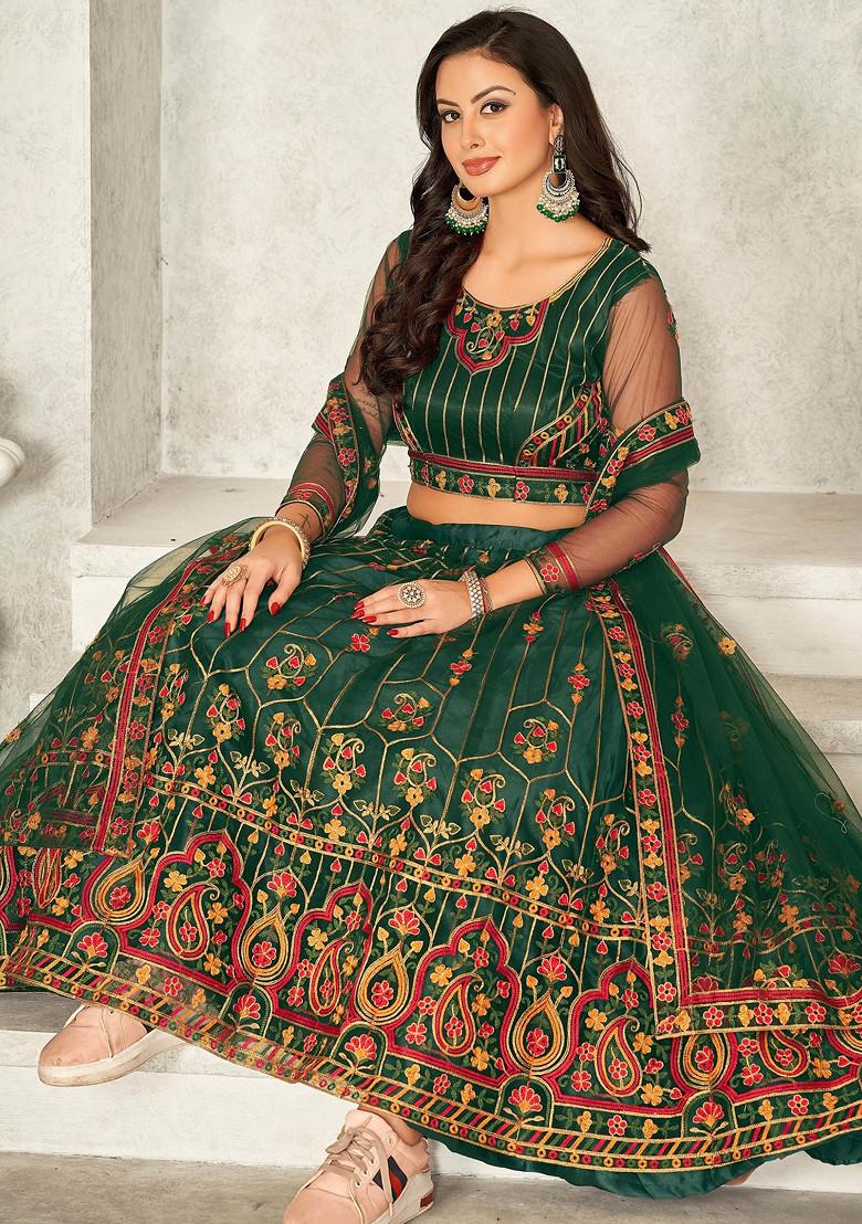 Green Thread Embroidered Net Lehenga Set