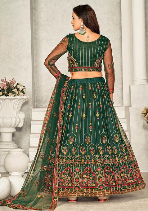 Green Thread Embroidered Net Lehenga Set