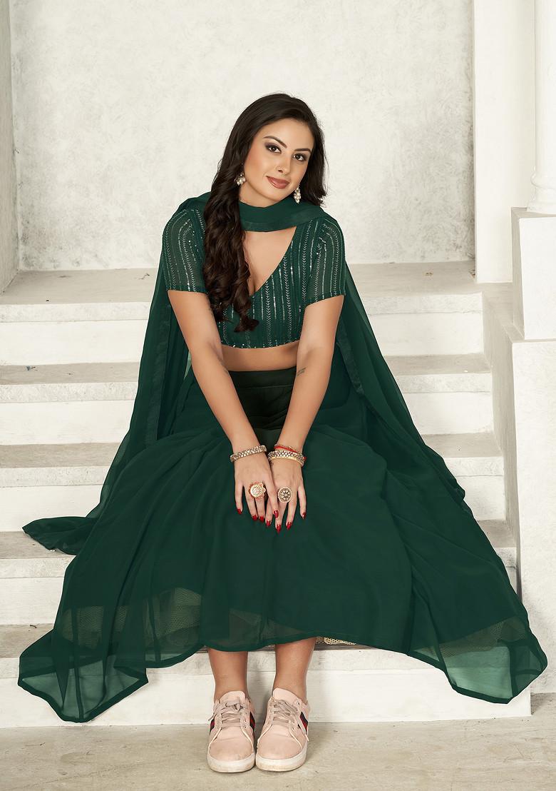 Deep Green Sequin Embroidered Georgette Lehenga Set - Indya