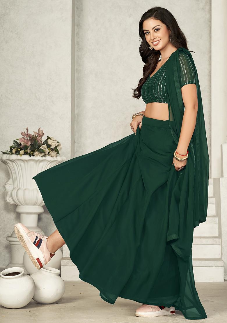 Deep Green Sequin Embroidered Georgette Lehenga Set - Indya