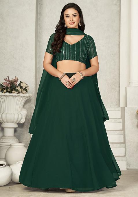 Deep Green Sequin Embroidered Georgette Lehenga Set