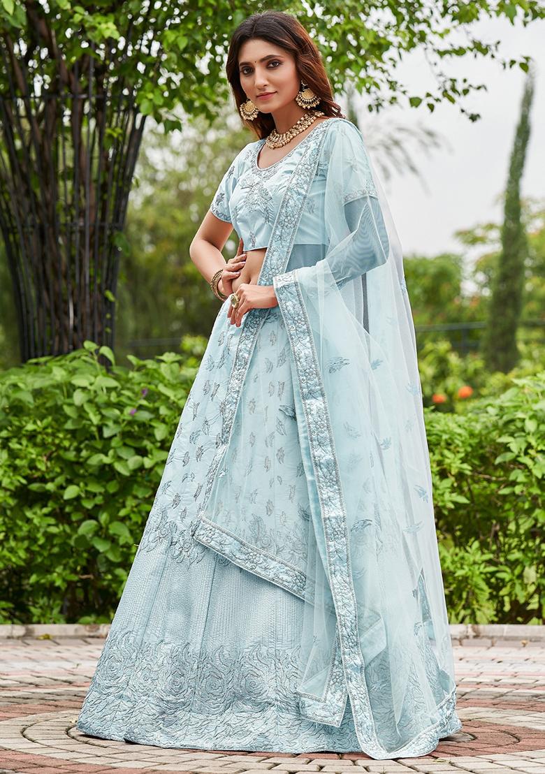 Sky Blue Embroidered Satin Silk Lehenga Set