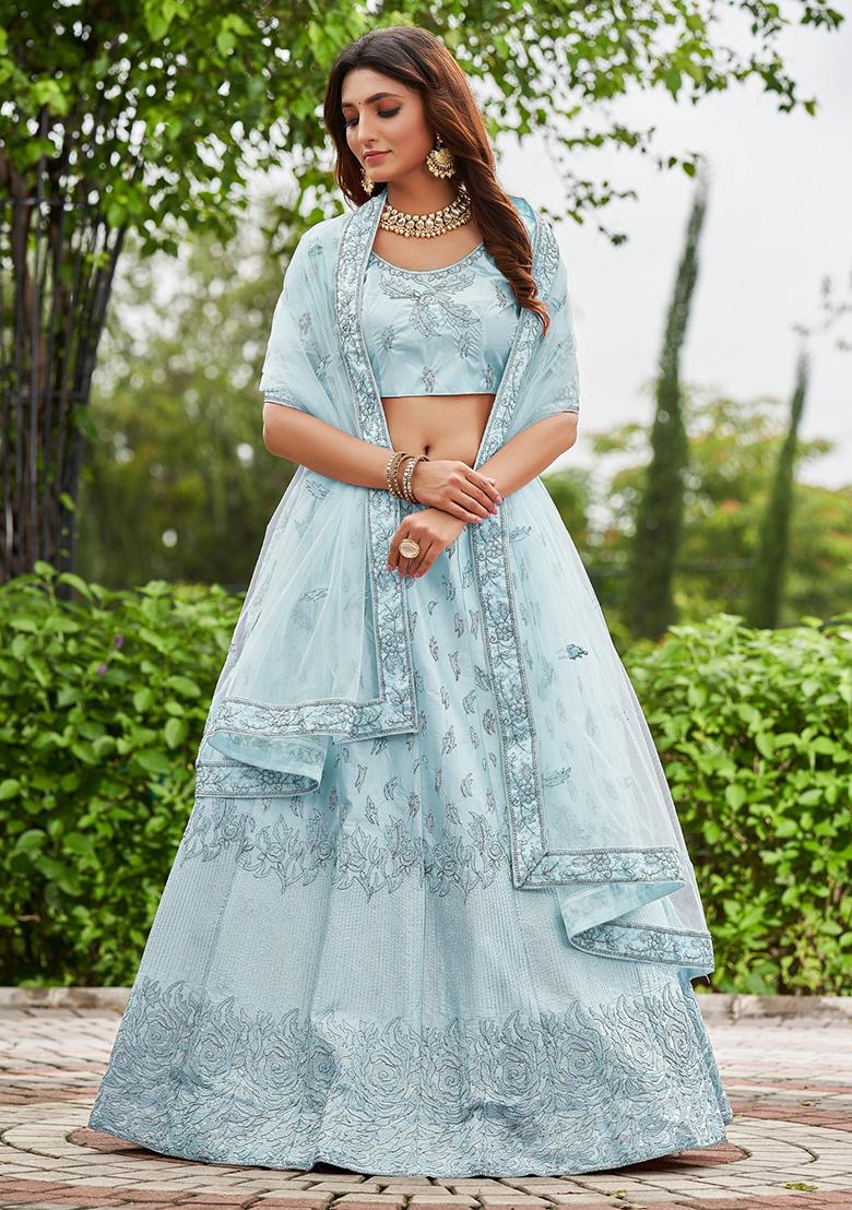 Sky Blue Embroidered Satin Silk Lehenga Set