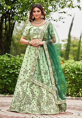 Pista Green Embroidered Satin Silk Lehenga Set