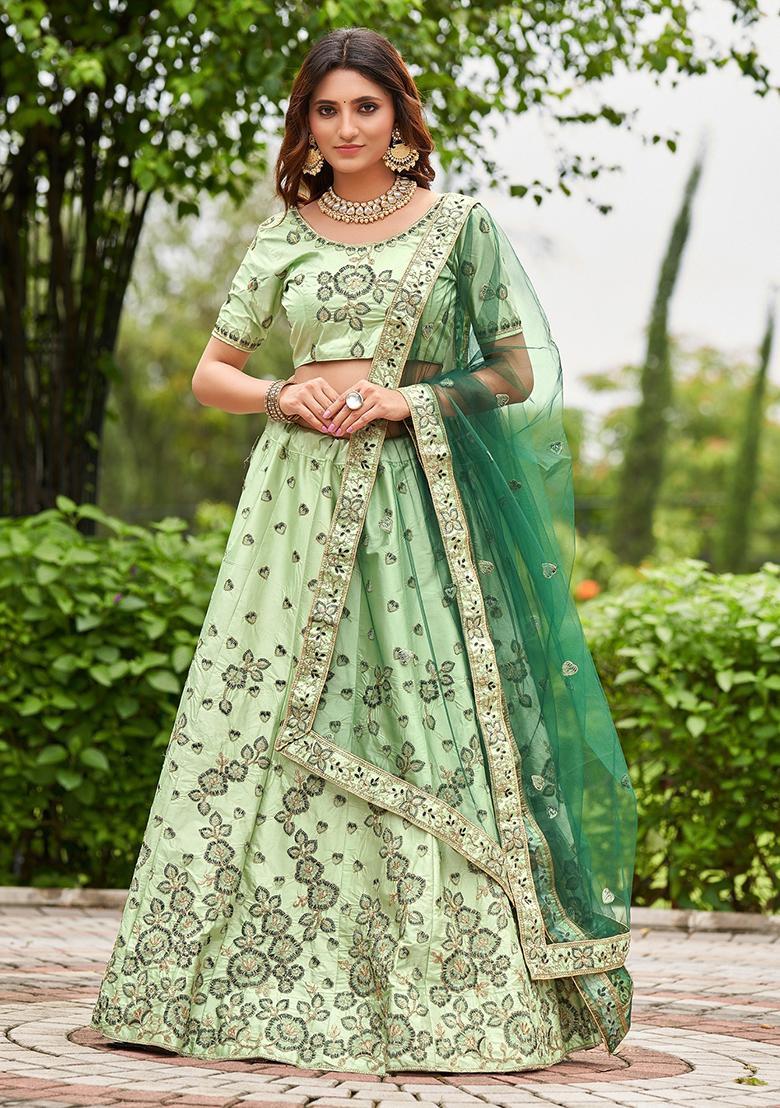 Pista Green Embroidered Satin Silk Lehenga Set