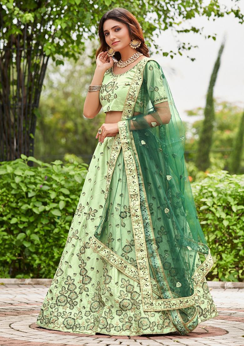 Pista Green Embroidered Satin Silk Lehenga Set