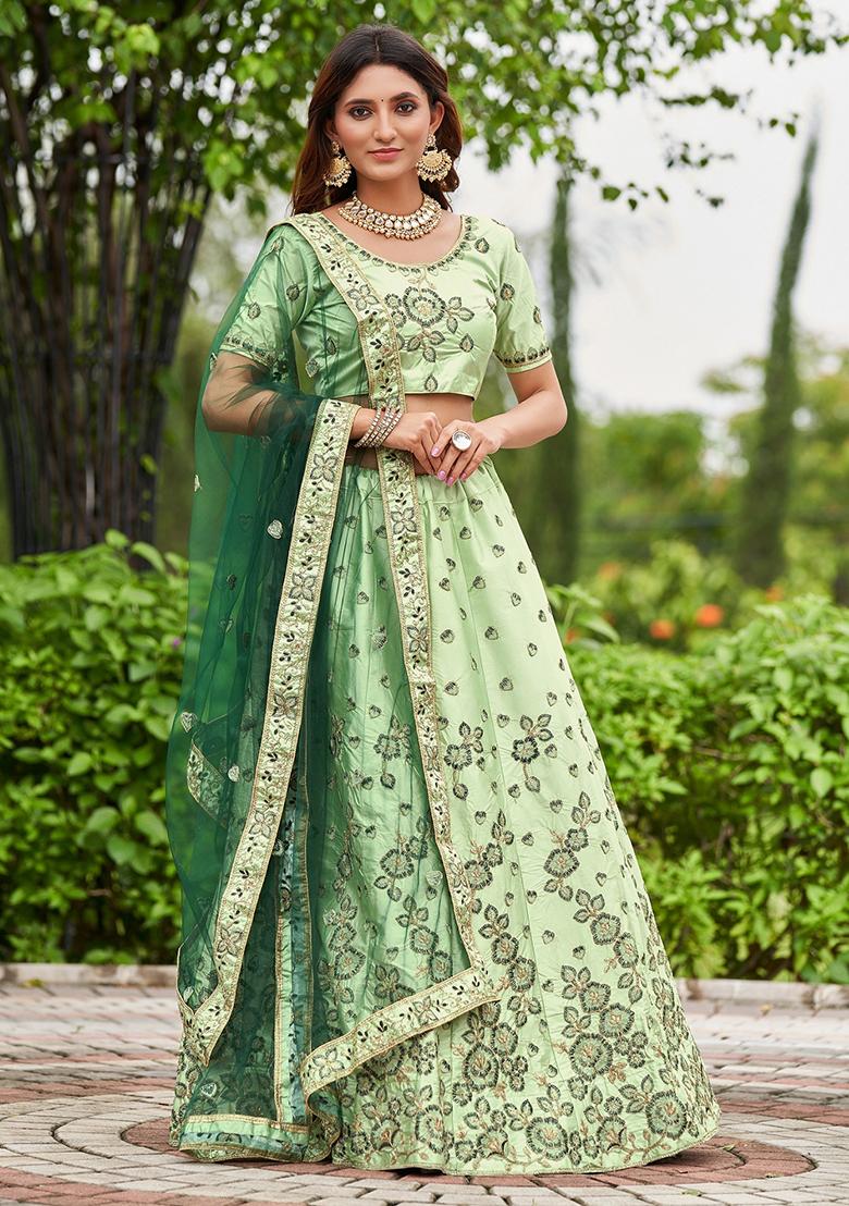Pista Green Embroidered Satin Silk Lehenga Set