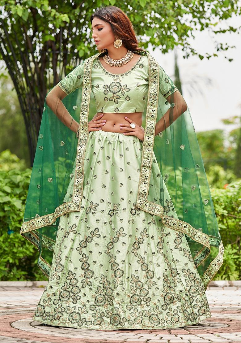 Pista Green Embroidered Satin Silk Lehenga Set