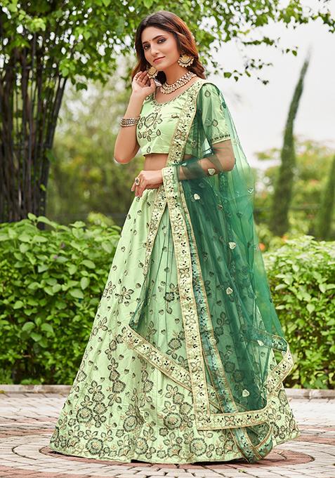 Pista Green Embroidered Satin Silk Lehenga Set
