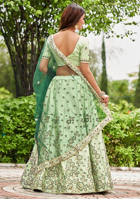 Pista Green Embroidered Satin Silk Lehenga Set