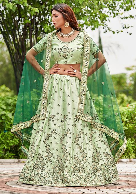 Pista Green Embroidered Satin Silk Lehenga Set