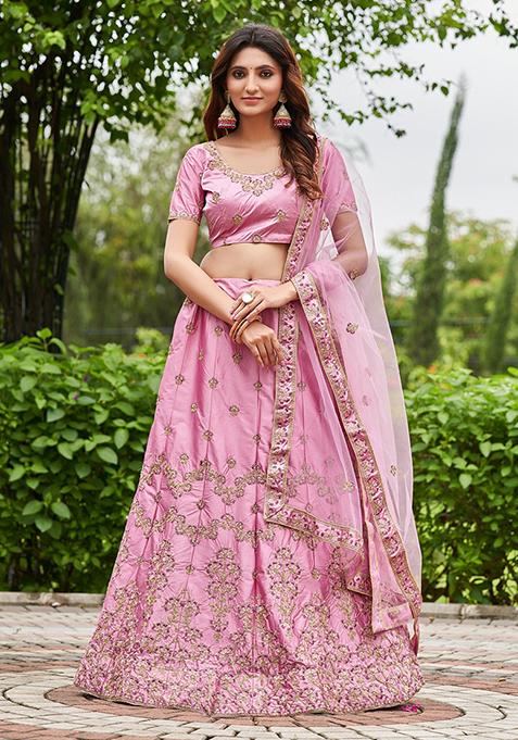 Light Pink Embroidered Satin Silk Lehenga Set