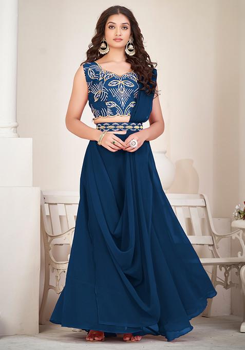 Rama Blue Embroidered Georgette Lehenga Set