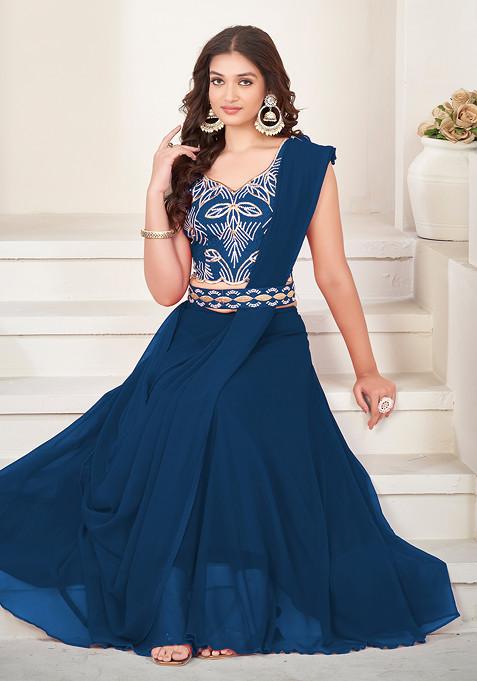 Rama Blue Embroidered Georgette Lehenga Set