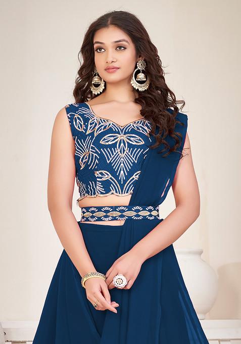 Rama Blue Embroidered Georgette Lehenga Set