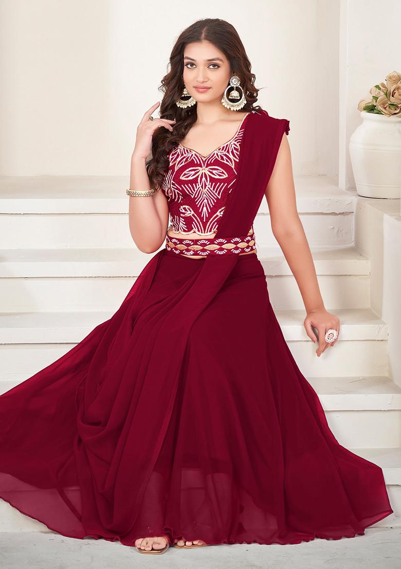 Maroon Embroidered Georgette Lehenga Set