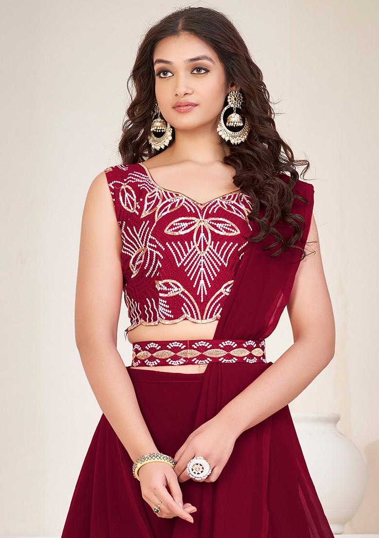 Maroon Embroidered Georgette Lehenga Set