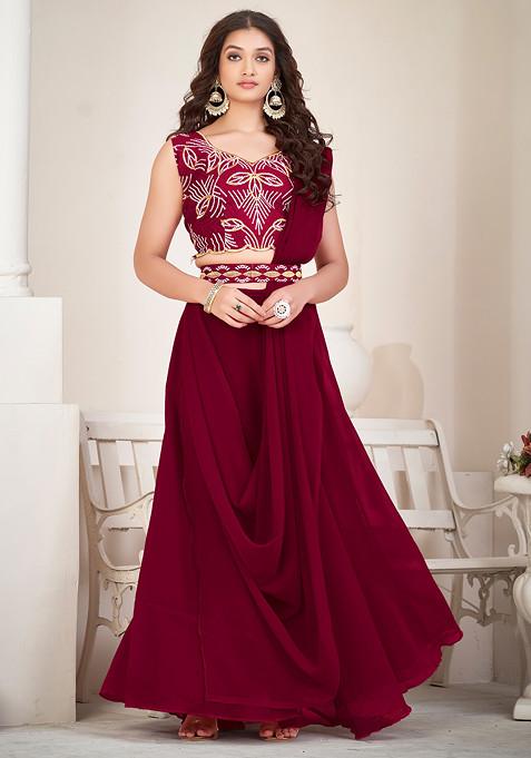 Maroon Embroidered Georgette Lehenga Set