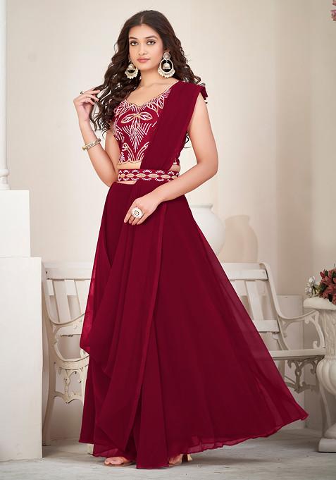 Maroon Embroidered Georgette Lehenga Set