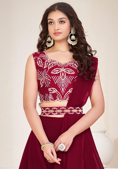 Maroon Embroidered Georgette Lehenga Set