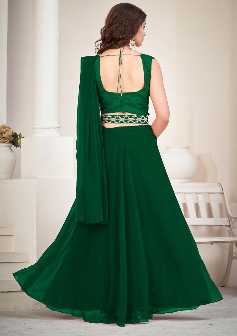 Green Embroidered Georgette Lehenga Set - Indya