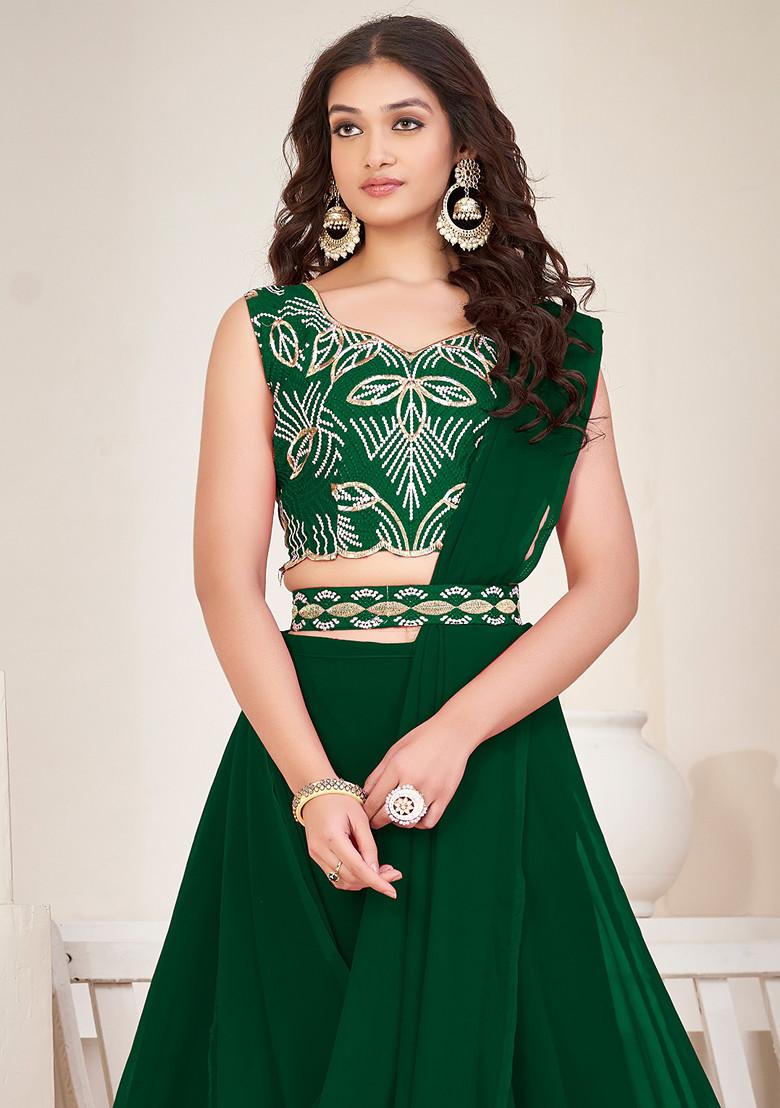 Green Embroidered Georgette Lehenga Set