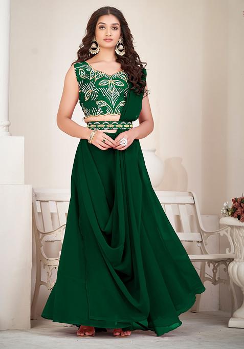 Green Embroidered Georgette Lehenga Set