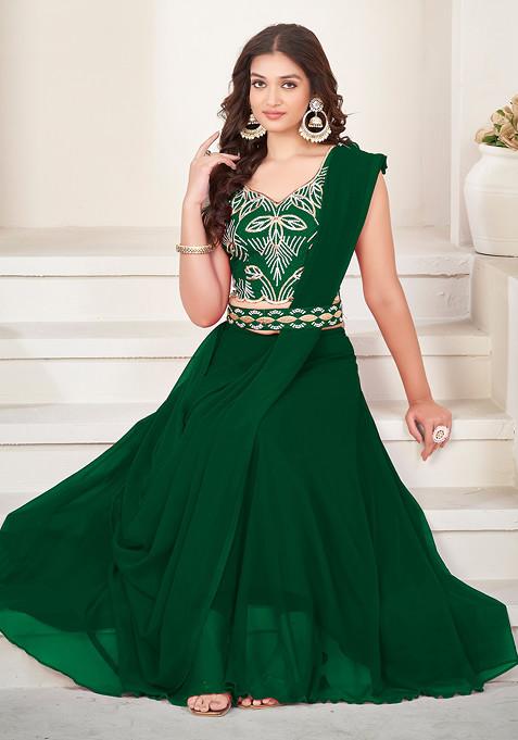 Green Embroidered Georgette Lehenga Set