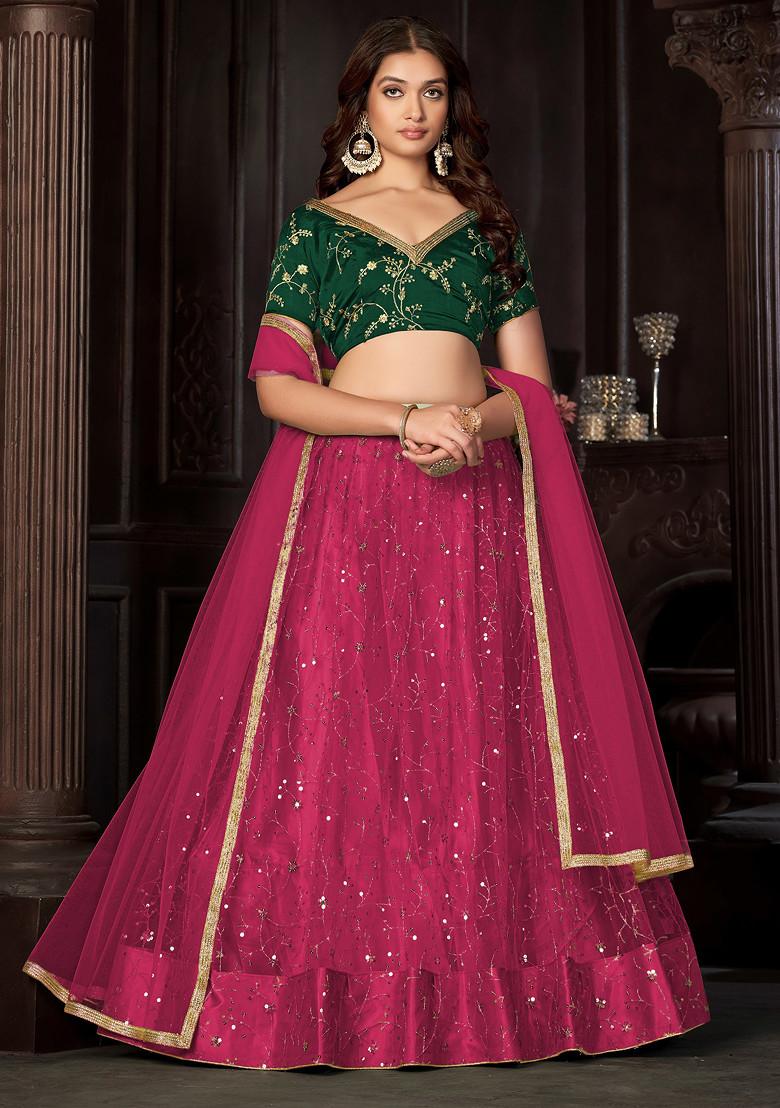 Dark Pink Sequin Embroidered Net Lehenga Set
