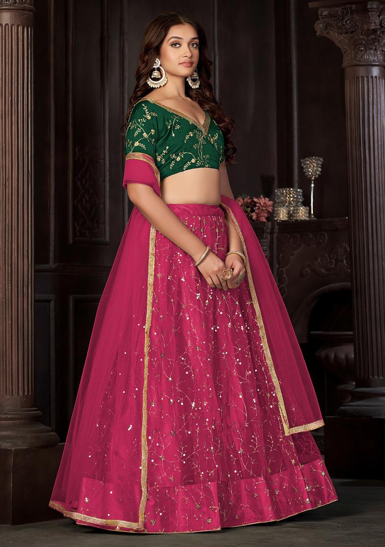Dark Pink Sequin Embroidered Net Lehenga Set
