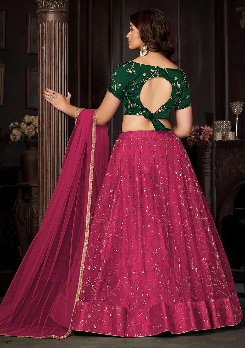 Dark Pink Sequin Embroidered Net Lehenga Set