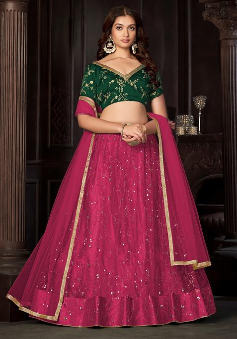 Dark Pink Sequin Embroidered Net Lehenga Set