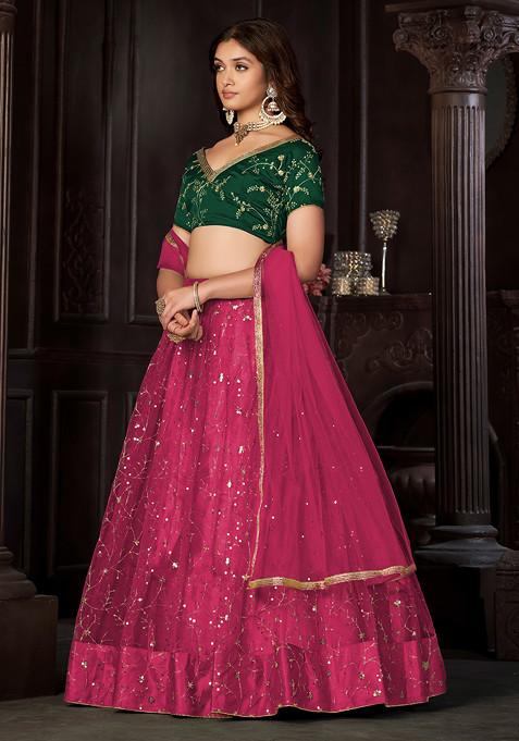 Dark Pink Sequin Embroidered Net Lehenga Set