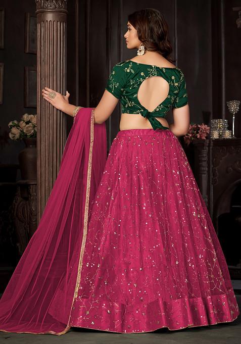 Dark Pink Sequin Embroidered Net Lehenga Set