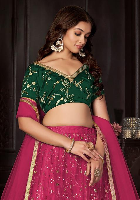 Dark Pink Sequin Embroidered Net Lehenga Set