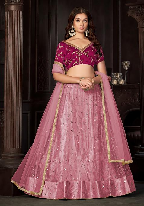 Baby Pink Sequin Embroidered Net Lehenga Set