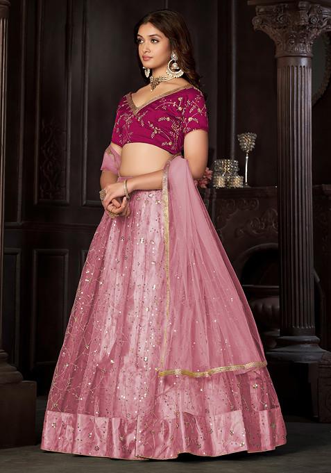 Baby Pink Sequin Embroidered Net Lehenga Set