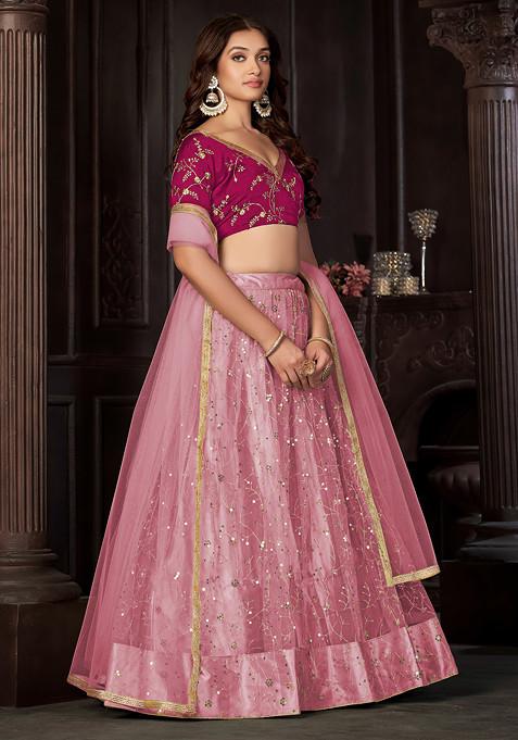 Baby Pink Sequin Embroidered Net Lehenga Set