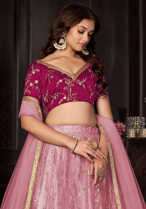 Baby Pink Sequin Embroidered Net Lehenga Set