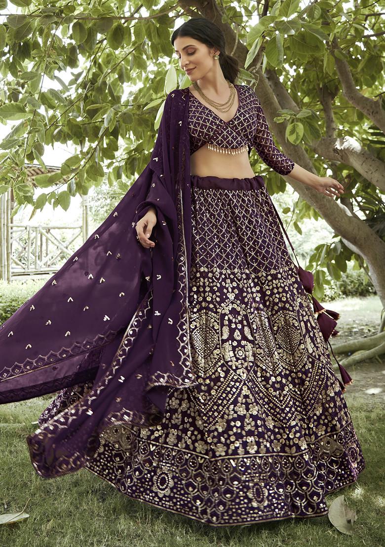 Dark Purple Sequin Embroidered Georgette Lehenga Set