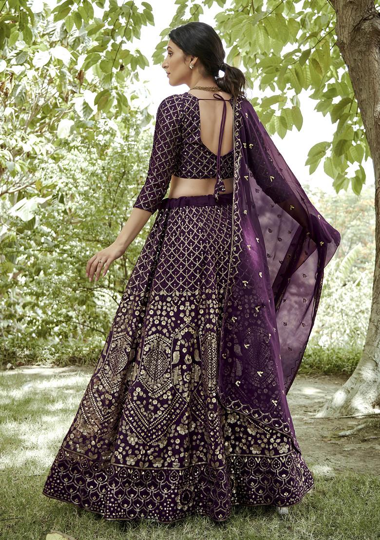 Dark Purple Sequin Embroidered Georgette Lehenga Set - Indya