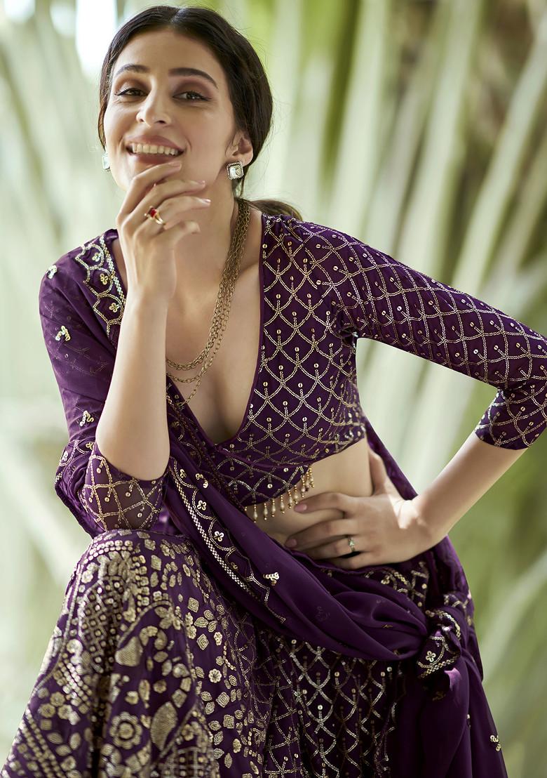 Dark Purple Sequin Embroidered Georgette Lehenga Set