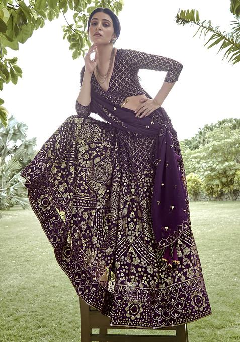 Dark Purple Sequin Embroidered Georgette Lehenga Set